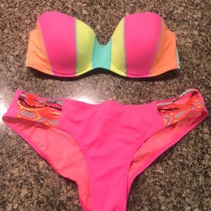 Victoria’s Secret neon strapless bikini.